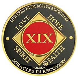 Simply Minimal 19 Year NA Gold Color Plated-Medallion, Recovery Chip, Narcotics Anonymous Coin (Black & Red)