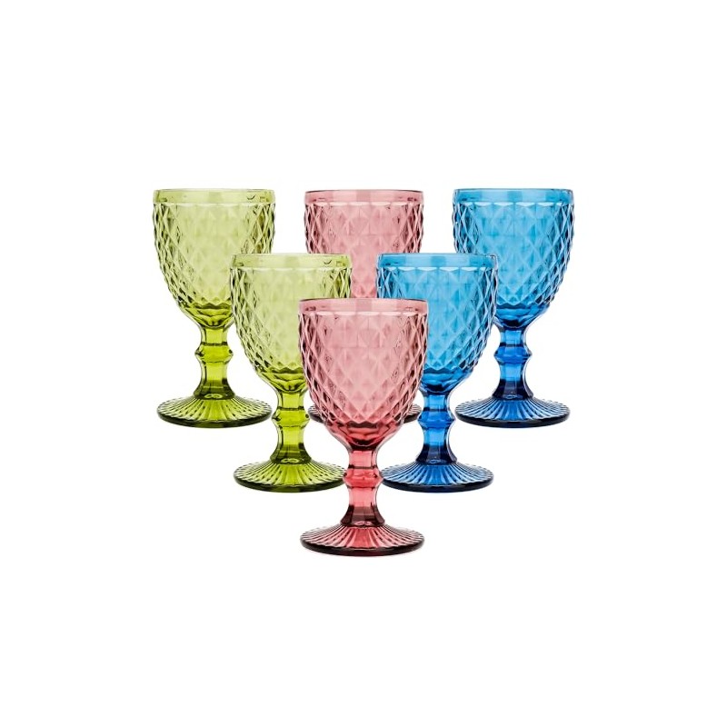 6Pcs 10oz Colored Embossed Stem Wine Goblets Wedding Party Bar