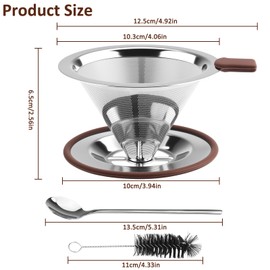 Zosenyer Coffee Filter Stainless Steel Reusable, Coffee Filter Holder Attachment with Spoon and Cleaning Brushes, Paperless Coffee Filter for Making Manual Coffee. Perfect for 3-4 Cups