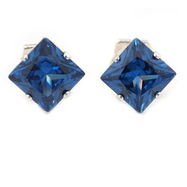 8mm/ Blue Cz Square Clip On Earrings/Silver Tone