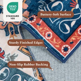 8x10 Area Rug for Living Room, Machine Washable Area Rugs with Non-Slip Backing, Blue Large Soft Thick Boho Vintage Rug for Bedroom, Dining Room, Low Pile Farmhouse Carpet, Kids Pet Friendly, Red