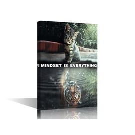 Canvas Wall Art Cat and Tiger Mindset is Everything Prints Artwork for Bedroom Living Room Home Decor Stretched and Chic Framed Ready to Hang 8x12inch (20x30cm)