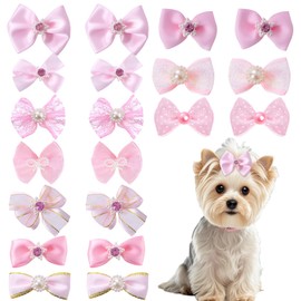 20 PCS Cute Dog Hair Bows with Rubber Bands Elastic Handmade Mix Style Lace Rhinestone Pearls for Furry Puppy Cat Pet Girl, Pink