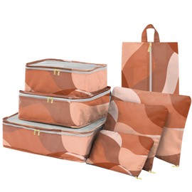 BHAHB 7 Set Packing Cubes Travel Luggage Organizers for Suitcase Travel Accessories with Shoe Bag for Girls Women Aesthetic Art Cute Wave Wavy Leaves-Red Brown
