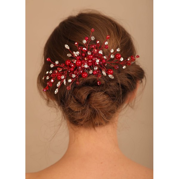 Denifery Red Crystal Hair Comb for Women Red Pearl Wedding Bridal Hair Piece Boho Hair Accessories for Prom Party