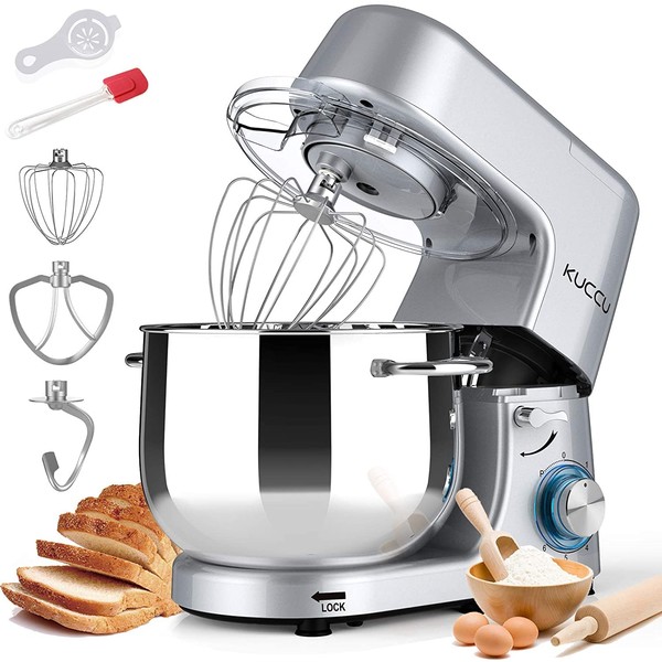 8.5 QT Double Handle KUCCU Stand Mixer, 6 Speed with Pulse Electric Kitchen Mixer, 660W Tilt-Head Food Mixer with Dishwasher-Safe Dough Hook, Flat Beater, Whisk, Splash Guard for home baking (Silver)