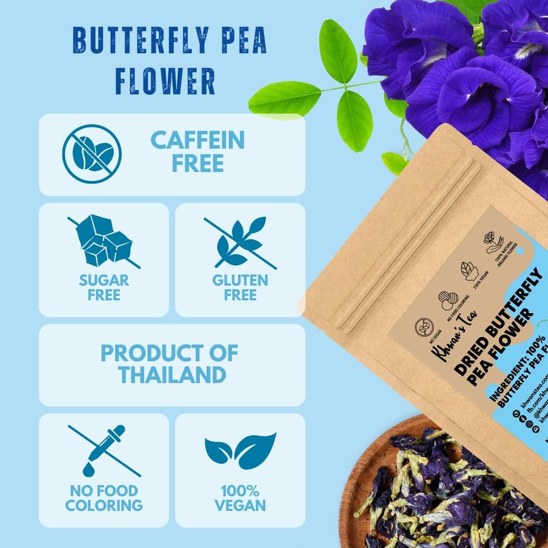 KHWAN'S TEA Dried Butterfly Pea Flowers Blue Tea Clitoria Ternatea