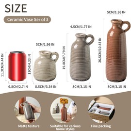 Ceramic Vases Set of 3, Neutral Rustic Farmhouse Vase with Handle, Decorative Flower Vases Home Decor Modern Boho Pampass Vase for Table Mantel Entryway Shelf Living Room Kitchen Bathroom - Brown