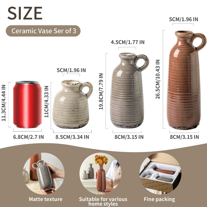 Ceramic Vases Set of 3, Neutral Rustic Farmhouse Vase with