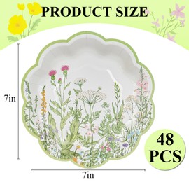 AimFun 48Pcs Wildflower Dessert Paper Plates Floral Disposable Party Plates Garden Botanical Green Leaves Herbs 7" Scalloped Plate for Baby Bridal Shower Tea Party Supplies (48)
