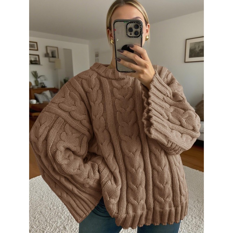 Saodimallsu Womens Oversized Sweaters Cable Knit Bell Batwing Sleeve Crew