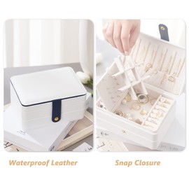 Douzi Jewellery Box, Small Travel Jewellery Organizer Portable Jewellery Case for Women Girls Gift, Double Layers PU Leather Jewellery Holder for Rings, Earrings, Necklaces-White