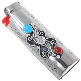 Navajo Turquoise Silver Lighter Case Cover With Red Coral and Sterling Details 1012