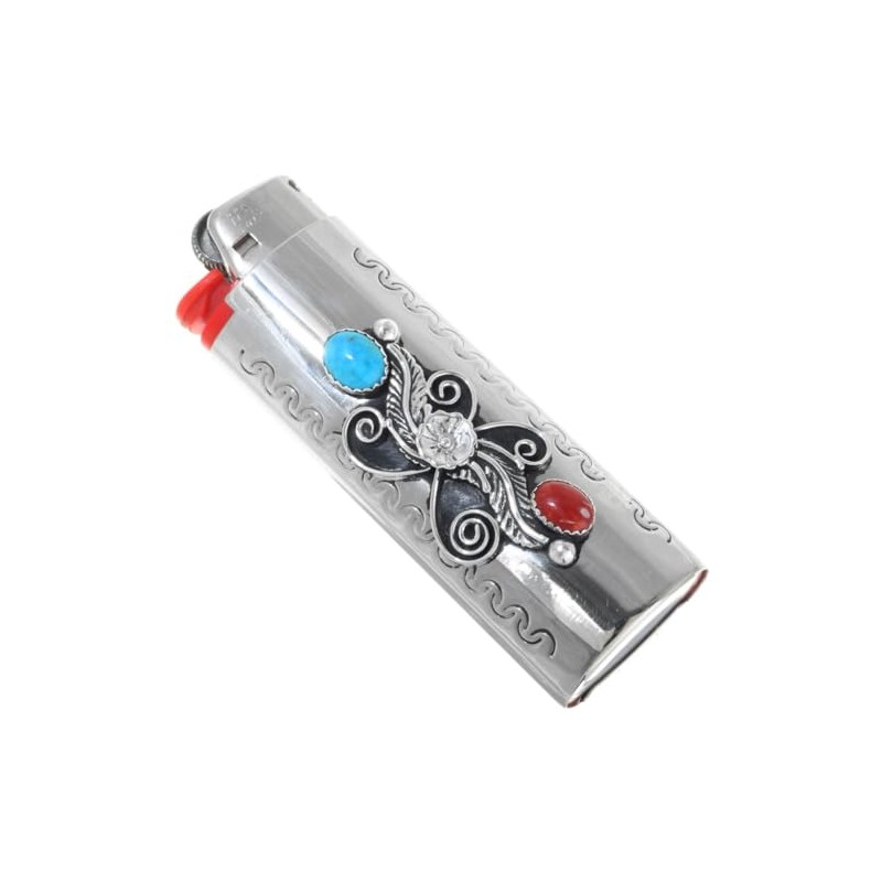 Navajo Turquoise Silver Lighter Case Cover With Red Coral and