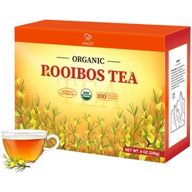 Soeos Organic Rooibos Tea, 9oz (250g) 100 Tagged Tea Bags, Naturally Caffeine-Free, Smooth & Robust Flavor, Excellent for Hot or Iced Brew, Full-Bodied & Naturally Sweet