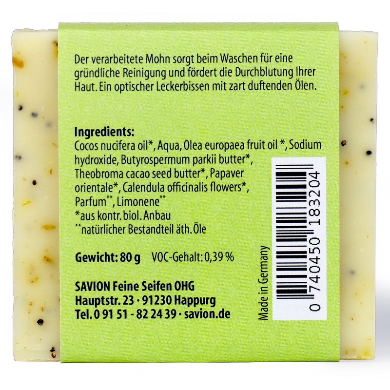 Savion Calendula Poppy Body Soap with Vegetable Oil, Vegan, Palm