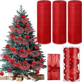 Leitee 90 Ft Deco Mesh Ribbon for Christmas Tree Include 3 Rolls 10 Inch Wide Metallic Ribbon Garland,24 Christmas Ball Ornament and 300 Tie Strand for DIY Holiday Xmas Tree Wreath Decor(Red)