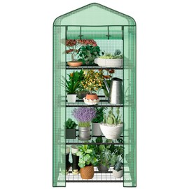 JungleA 4 Tier Mini Greenhouse Plastic, Portable Grow Tent with Zippered Door and PE Cover Green Plants Flower House Shelf Display for Indoor Outdoor, 27" L x 19" W x63 H