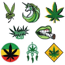 CYWQ 8 Pieces Green Leaves Tuxedo Happy 420 Iron on Patches Sew on Embroidered Patches Repair Patches for Clothes Jackets Jeans Backpack Hat