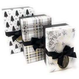 The Seasonal Shop 3 Christmas Gift Boxes Nesting Stacked Rectangle Boxes with Lids, Bows, and Holiday Tags in Assorted Sizes for Holiday Decoration or Decorative Present Wrapping (White)