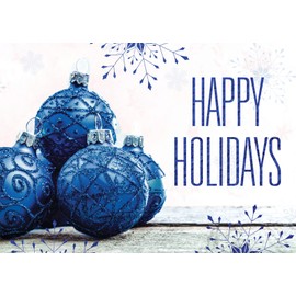 CEO Cards - Foil Stamped Holiday Greeting Cards (Blue Ornaments & Snowflakes), 5.625x7.875 Inches, 25 Cards & 26 White with Silver Foil Lined Envelopes (H1712)