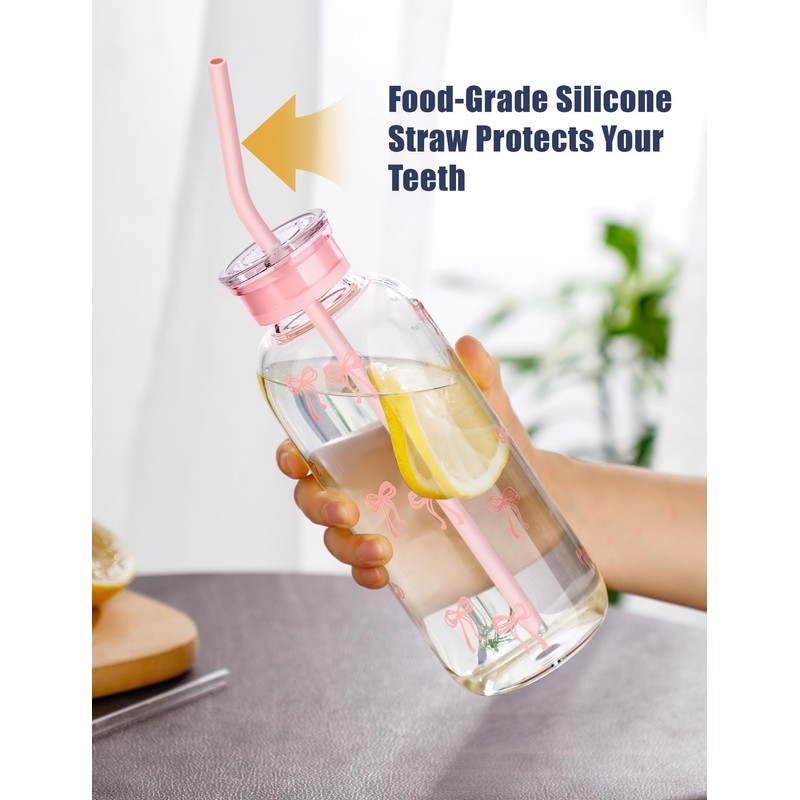 NiHome 25oz/750ml Pink Bow Glass Water Bottle with Silicone Straw,