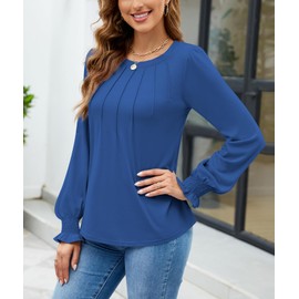 Funlingo Womens Tops Dressy Casual Winter Long Sleeve Shirts Ruffle Tunic Blouse Knit Crew Neck Oversized Tshirts Flattering Clothes Deep Blue XS