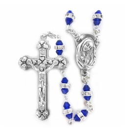 N/A BLUE CRYSTAL GLASS BEADS CROSS CRUCIFIX ROSARY NECKLACE