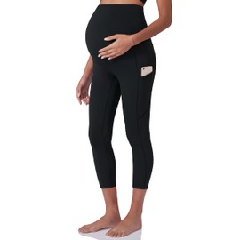 POSHDIVAH Capri Women's Maternity Workout Leggings Over The Belly Pregnancy Yoga Pants with Pockets Soft Active Wear Work Pants Black Medium