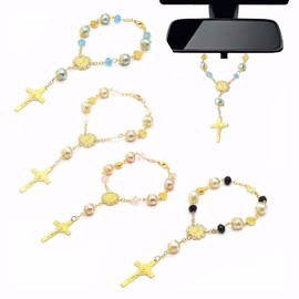 Rosary Bracelet – Baptism Bead Pendant, Car Decoration & Prayer Accessory, Set of 4, in 4 Colors (Pink, Blue, White, Black)