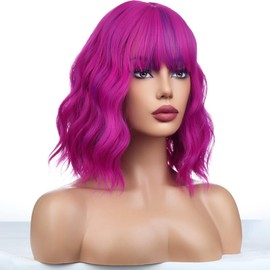 WTHCOS WTHCOS Colorful Wig Short Bob Wig Short Rose Mixed Purple Wigs for Women Curly Wavy Wig with Bangs Heat Resistant Synthetic Hair Wigs for Daily Use Cosplay Wig With Wig Cap