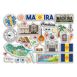 A5 Sticker Sheet Madeira Landmarks Vinyl Stickers - Portugal Beach Airport Stamps Skyline Flag Travel Holiday City Trip Luggage #80288