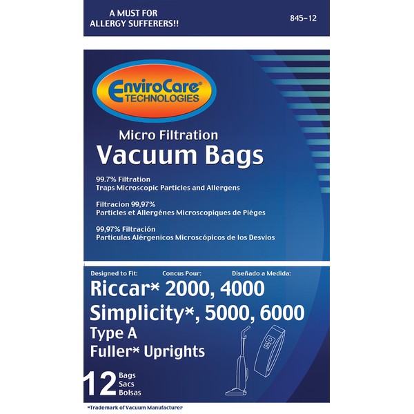EnviroCare Replacement Micro Filtration Vacuum Cleaner Dust Bags made to fit Riccar 2000, 4000 and Vibrance Series. Simplicity 5000, 6000 and Symmetry Type A 12 pack