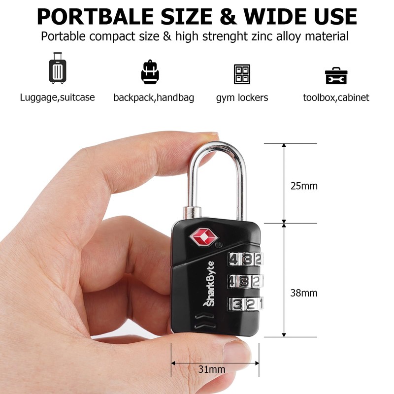 SharkByte TSA Approved Luggage Locks, 3-Dial Security Travel Combination Padlock,