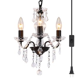 Chanlited Plug in Modern 3-Light Black Chandelier with Glass Crystals, Candle Style Pendant Light Fixtures for Living Room, Girls Room, Kitchen Island, Entryway