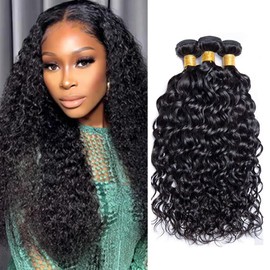 BilltiiWW Human Hair Water Wave Bundles #1B Natural Color Water Wave Bundles 16 18 20 Inch Brazilian Weave Soft and Silky for Women