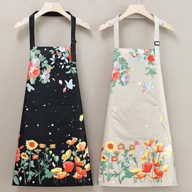 WANGTAO Women's Apron, Floral Pattern, Waterproof Apron, Adult, Cute, Stylish, Adjustable, Cafe Apron, Neck Hanging, Pocket, Wrinkle Resistant, Cooking, Cafe, Nursery Teacher, Popular, beige