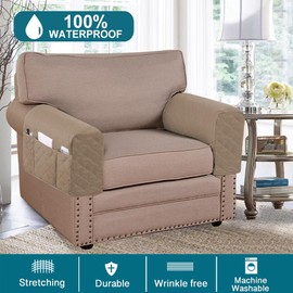 Turquoize 2 Pack Waterproof Armrest Covers for Chairs and Sofas Couch Arm Covers for Sofa Armrest Covers with Side Pocket Anti-Slip Furniture Protector Washable Armrest Slipcovers Set of 2, Khaki