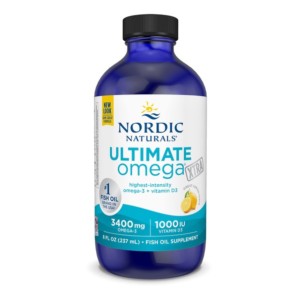 Nordic Naturals Ultimate Omega Xtra Liquid, Lemon Flavor - 8 oz - 3400 mg Omega-3 + 1000 IU Vitamin D3 - Omega-3 Fish Oil - EPA & DHA - Brain, Heart, Joint, & Immune Health - Non-GMO - 48 Servings