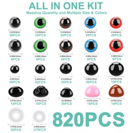 Junreox 820pcs Safety Eyes for Amigurumi- Premium Safety Eyes and Noses for Crochet Animals, Assorted Size Crochet Eyes with Washers for Dolls Plushies Toys, Safety Eyes for Stuffed Animals Teddy Bear