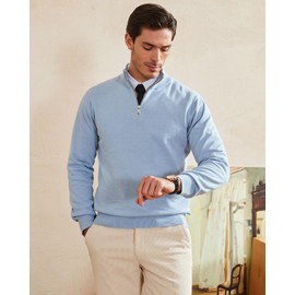 Kallspin Men's Quarter-Zip Sweater Pure Cotton Mock Neck Knit Long Sleeve Pullover Sweater(Sky Blue, L)