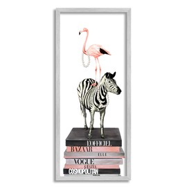 Stupell Industries Fashion Flamingo Zebra Glam Book Stack Pearls, Designed by Ziwei Li Gray Framed Wall Art, 10 x 24, Black