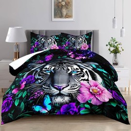 Raphus cucullatus Tiger Print Comforter Set Queen,Wildlife Animal Print Comforter Set Bed in a Bag,Quilt Bedding Set Flower,Tropical African Animal Bedding Queen Bed