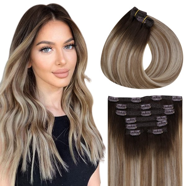 Vivien Clip-In Real Hair Extensions, Balayage, 30 cm, Dark Brown, Ombre, Light Brown Mixed Light Blonde #3/8/22, 7 Pieces, 80 g
