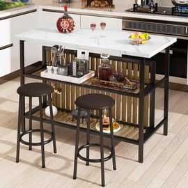 AWQM Kitchen Island with Seating & Storage Shelf, Modern Bar Table and Chairs Set for 2, Wooden Island Table for Kitchen, Dining Table Set for Small Space, White