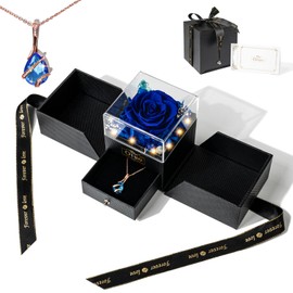 Otuo Preserved Roses Gift Jewerlry Box, Real Eternal Rose Flower with Necklace and Led Mood Light, Gifts for Girlfriend, Mom, Women, Wife, Mother's Day, Birthday, Valentine's Day (Blue)