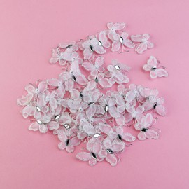 LUOEM Pack of 50 Glitter Butterflies Artificial Butterflies Jewellery for Weddings Sheer Mesh Wire Gem White, Mesh fabric, gem and wire