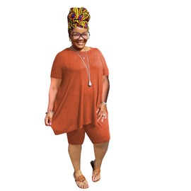 YeGine Women Plus Size 2 Piece Outfits Casual Short Sleeve Tunic Tops Shorts Sets Oversized Summer Sweat Suits Tracksuit Orange 5XL