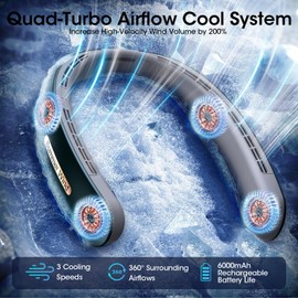 Improved Neck Fan, 4 Turbo 6000 mAh Portable Neck Fan, 360° Adjustable Hand Fan, Small, USB Personal Fan, Gifts for Women, Mum, Men, Dad, Birthday