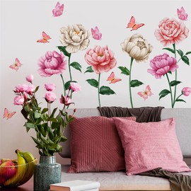WOHAHA Wall Sticker, Flowers, Stylish, Removable, Wall Sticker, Pink, Flowers and Butterfly, Floral Pattern, Living Room, Bedroom, Room, Wall Decoration, Wallpaper, Waterproof, Removable Wallpaper,